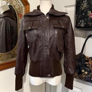 VTG 90s Andalucia Piel Spain 100% Genuine Lamb Leather Dark Brown Bomber Jacket